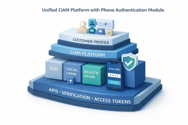 3D visualization of a unified CIAM platform with built-in phone authentication and centralized identity management