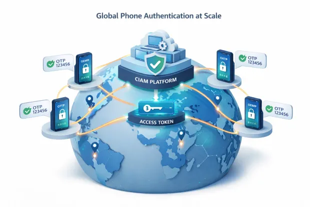 3D visualization of global phone authentication at scale with worldwide OTP verification and secure access