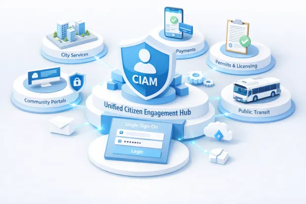 3D diagram of a unified citizen engagement hub where CIAM connects municipal services through a single digital identity and secure access