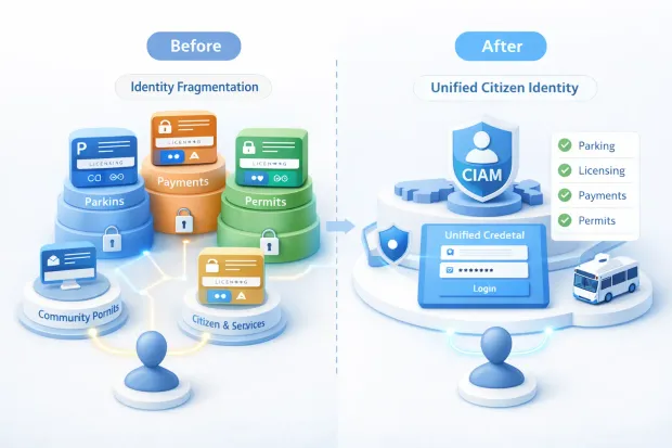 3D diagram showing how a unified citizen profile drives engagement and builds trust through secure, connected digital identity