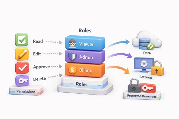 Illustrations showing RBAC with roles and permissions