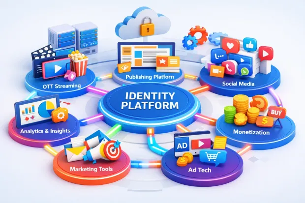 3D visualization showing digital transformation in media, with a central identity platform connecting OTT, publishing, analytics, and monetization systems