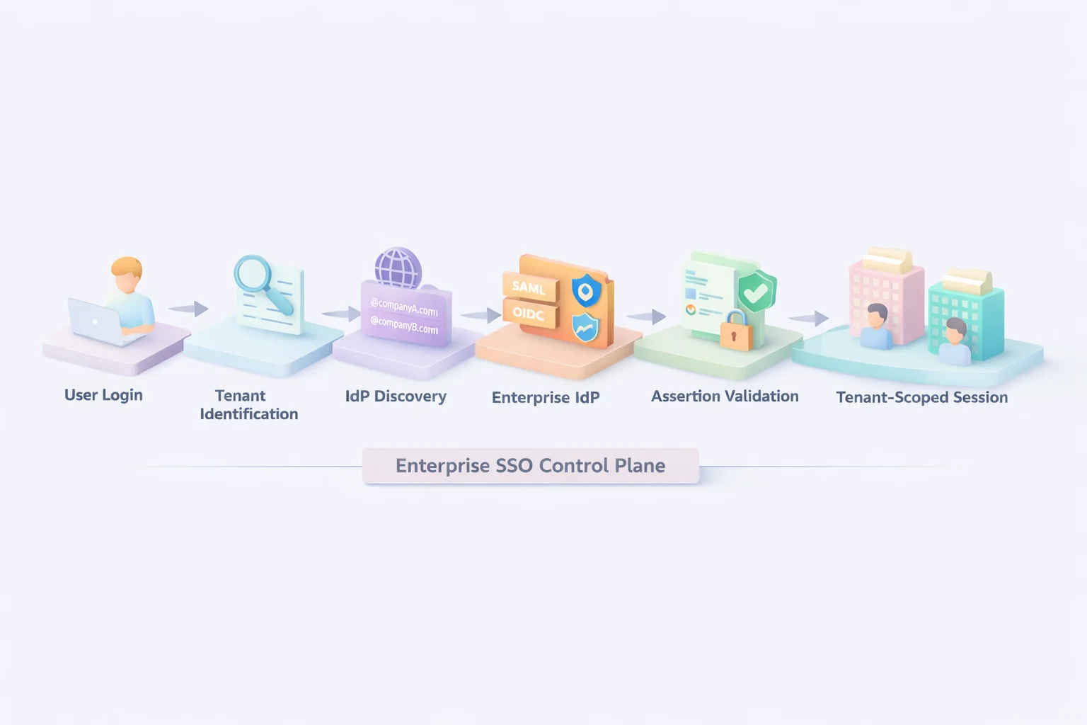 3D diagram of enterprise SSO control plane showing tenant identification, IdP discovery, assertion validation, and tenant-scoped session flow in SaaS authentication.