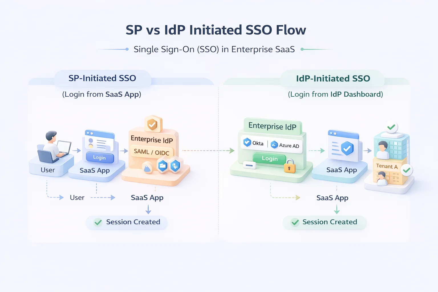 3D comparison of SP-initiated and IdP-initiated SSO flows in enterprise SaaS, highlighting authentication, assertion handling, and session creation