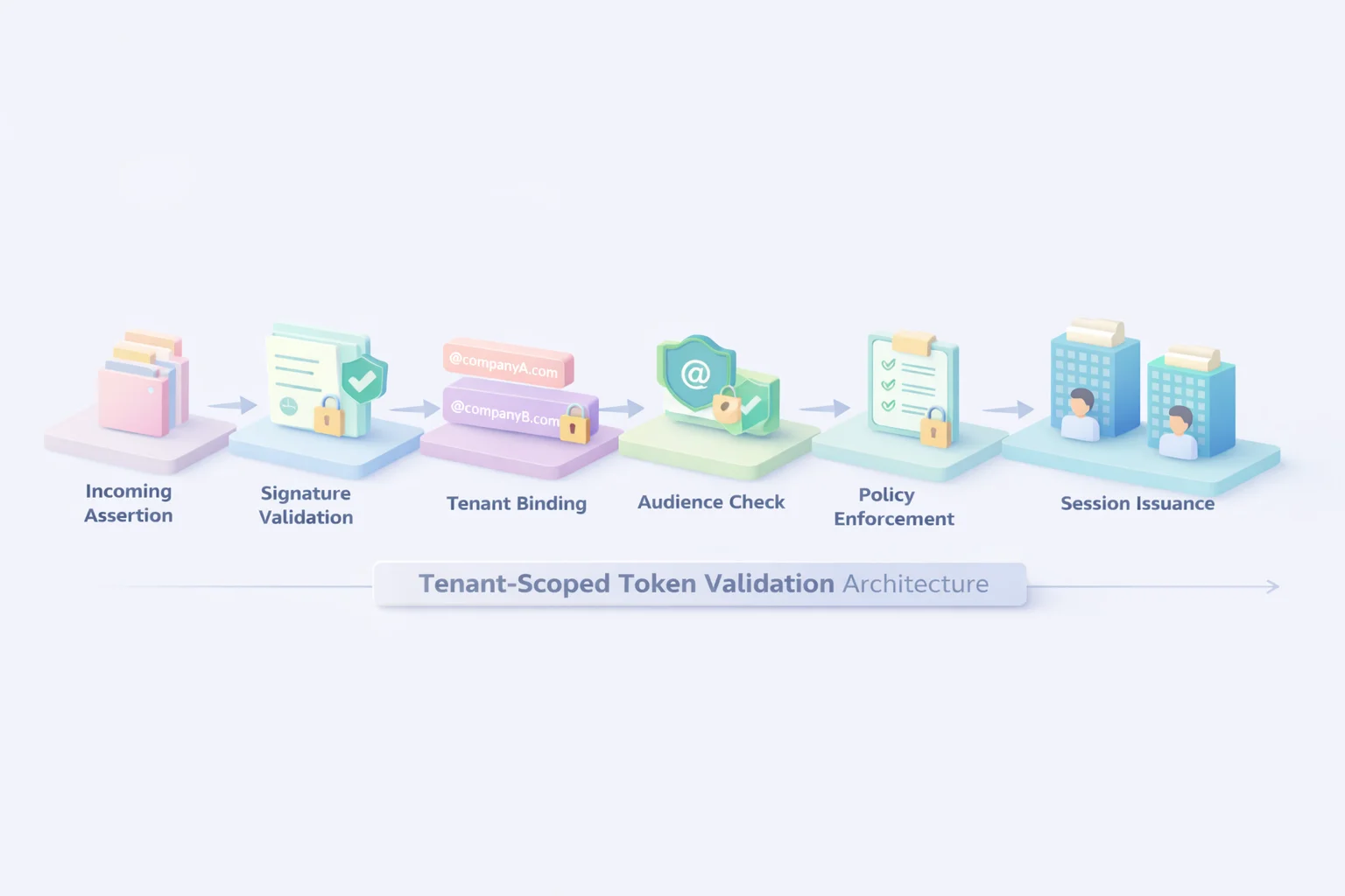 3D tenant-scoped token validation diagram showing signature validation, tenant binding, audience checks, policy enforcement, and secure session issuance
