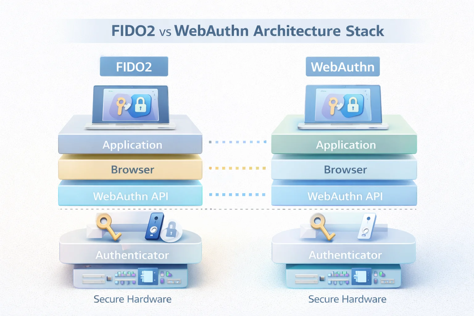 3D layered architecture diagram comparing FIDO2 and WebAuthn stacks, including browser, WebAuthn API, CTAP, authenticator, and secure hardware