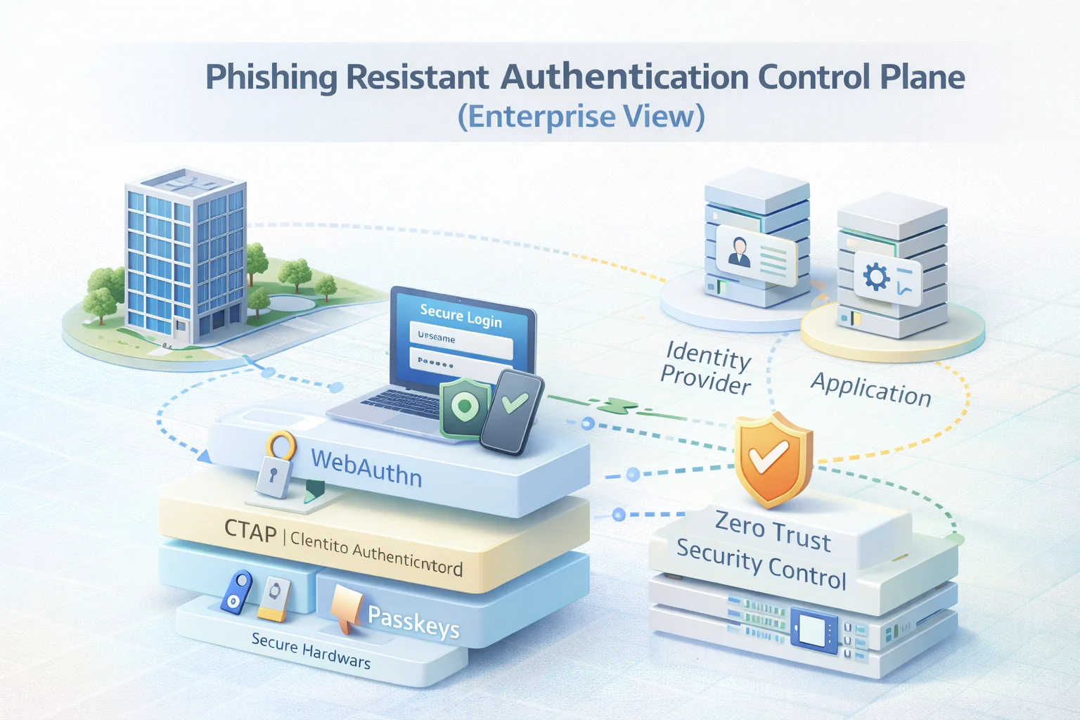 3D enterprise control plane diagram showing phishing-resistant authentication using WebAuthn, passkeys, identity provider, and Zero Trust security layers