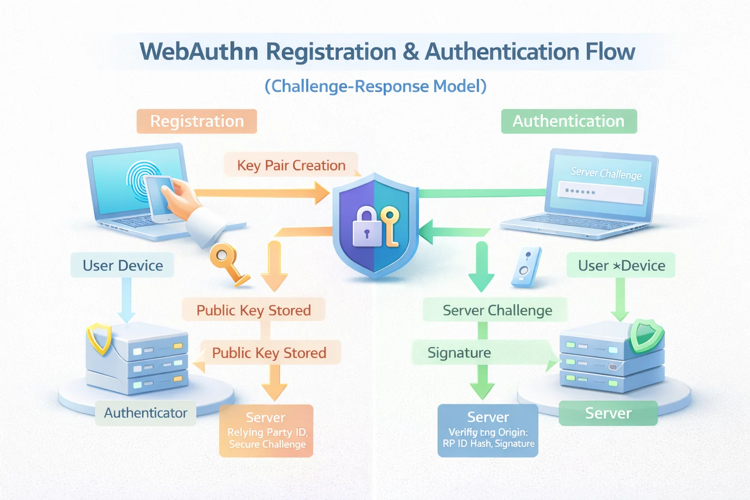 3D WebAuthn challenge-response diagram illustrating registration key pair creation and authentication signature verification between device and server