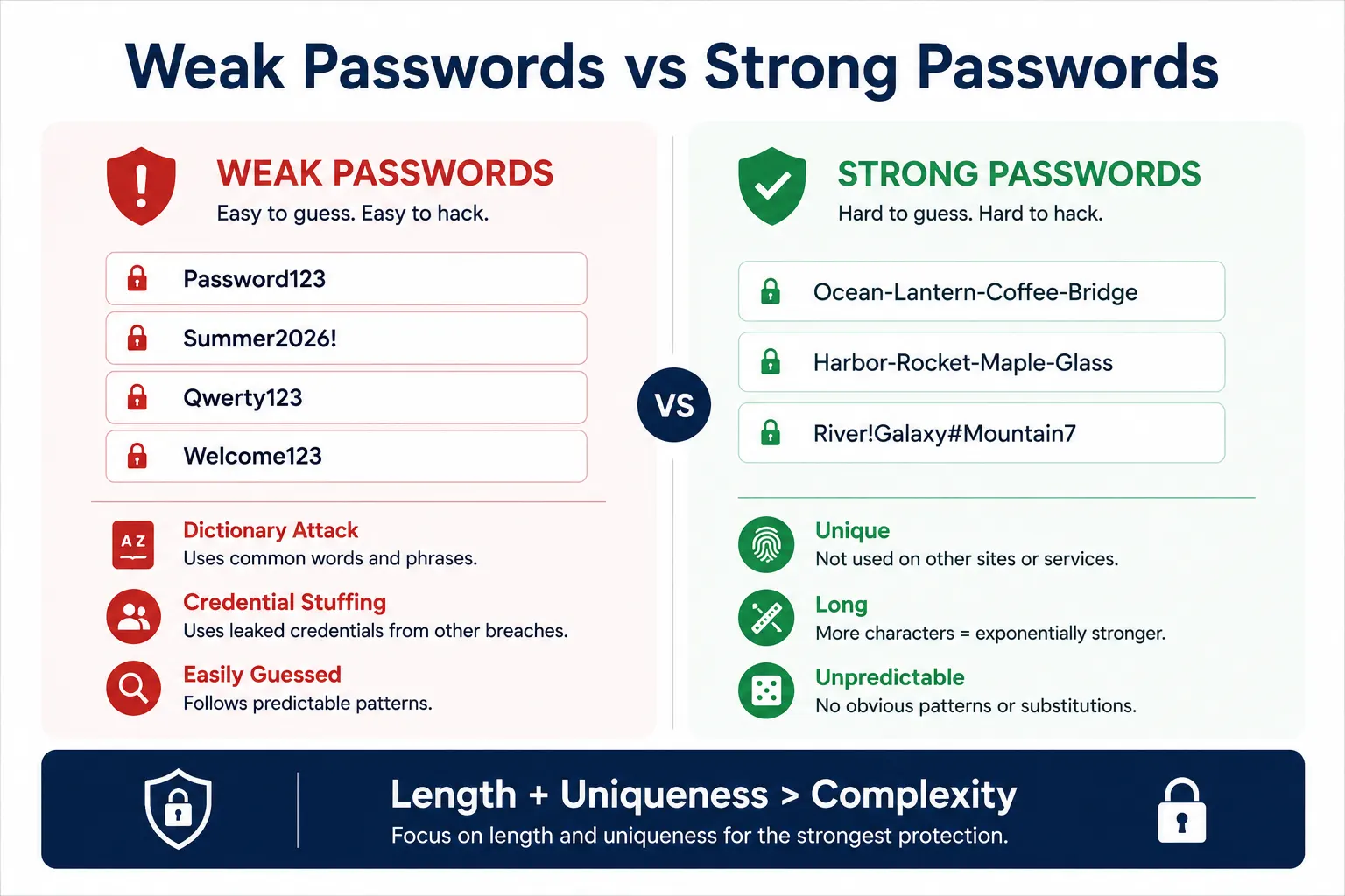 Side-by-side comparison of weak and strong passwords highlighting the importance of length, uniqueness, and unpredictability for account security