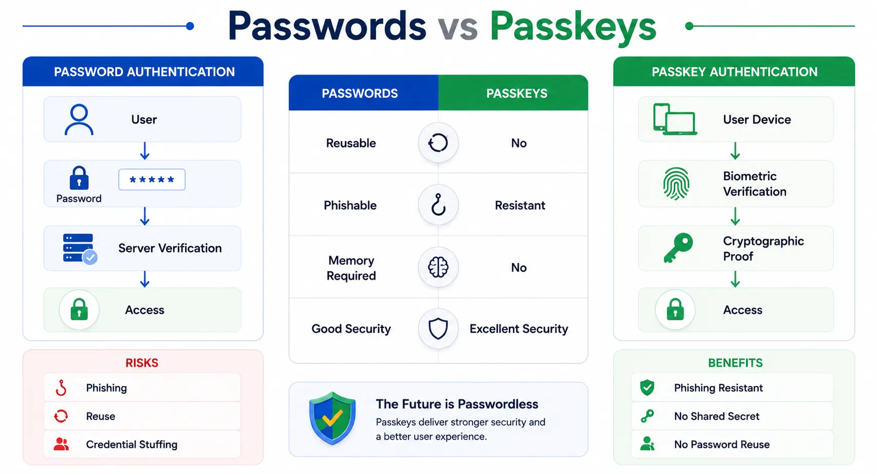 Comparison infographic illustrating how password authentication differs from passkey authentication in security, usability, and phishing resistance