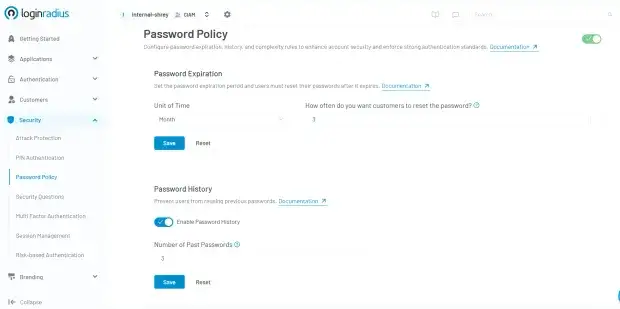 Screenshot of the LoginRadius Password Policy settings page showing controls for password expiration, password history, and security policy configuration within the admin dashboard