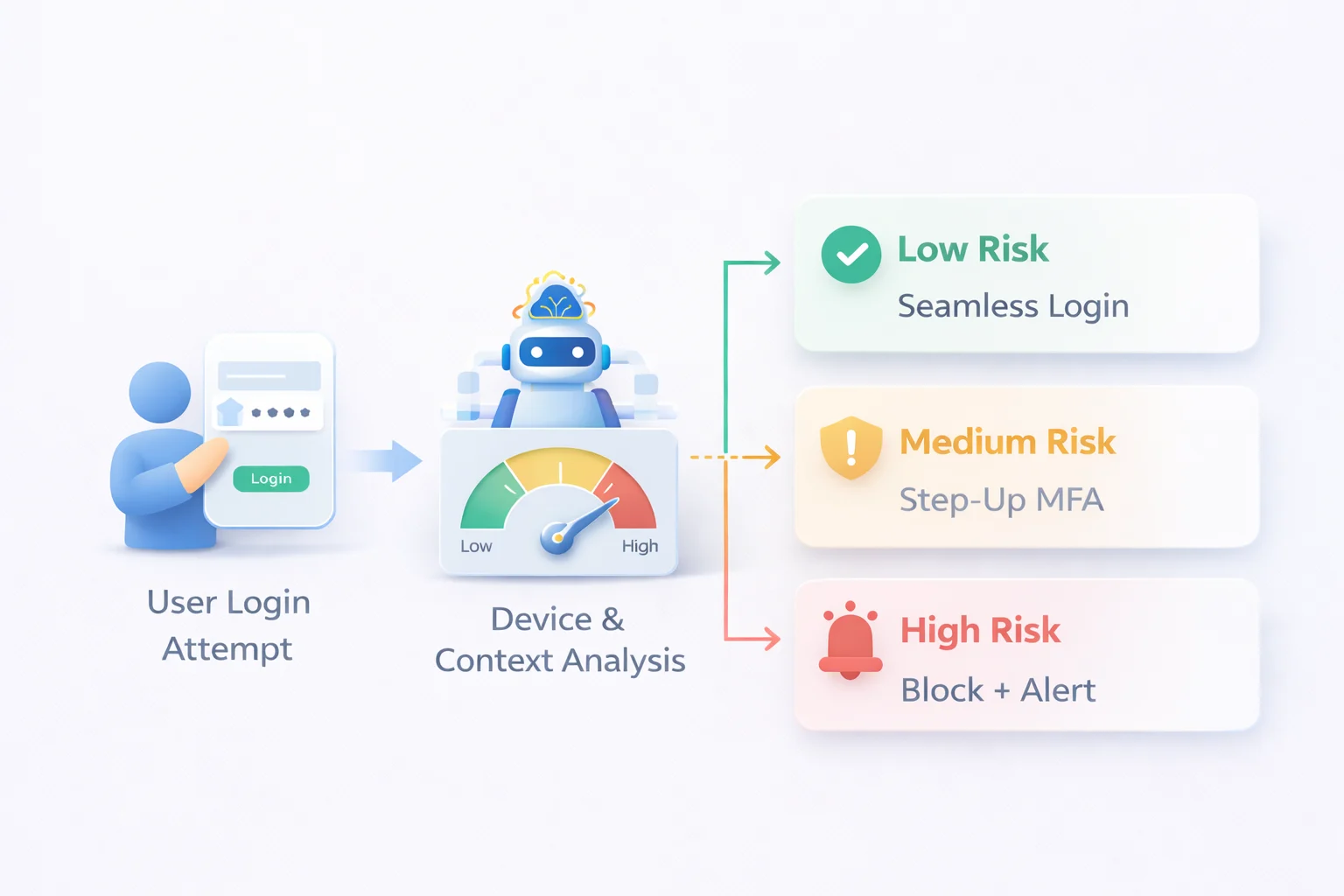 Authentication risk-analysis workflow showing a login attempt evaluated by device and context signals, resulting in seamless access, step-up MFA, or account blocking based on risk level