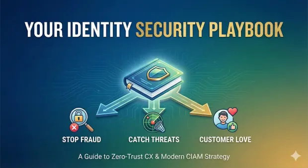Identity security playbook graphic showing a central book icon branching to Stop Fraud, Catch Threats, and Customer Love. Subtitle reads “A Guide to Zero-Trust CX & Modern CIAM Strategy