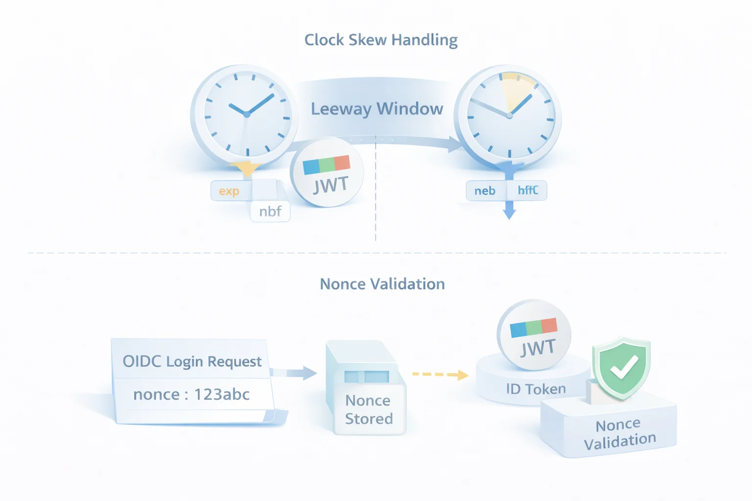 3D illustration of JWT time validation with clock skew tolerance and nonce verification in an OpenID Connect authentication flow
