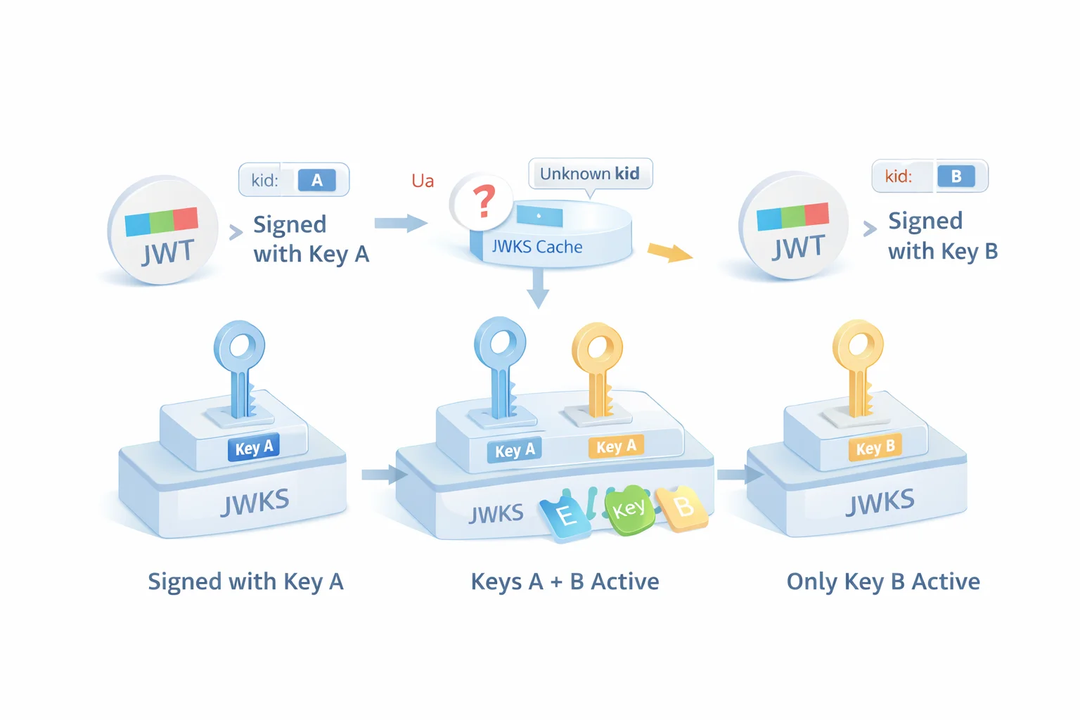 3D illustration of a JWT validation pipeline showing parse, algorithm, signature, issuer, audience, time, and nonce checks before marking a token as valid