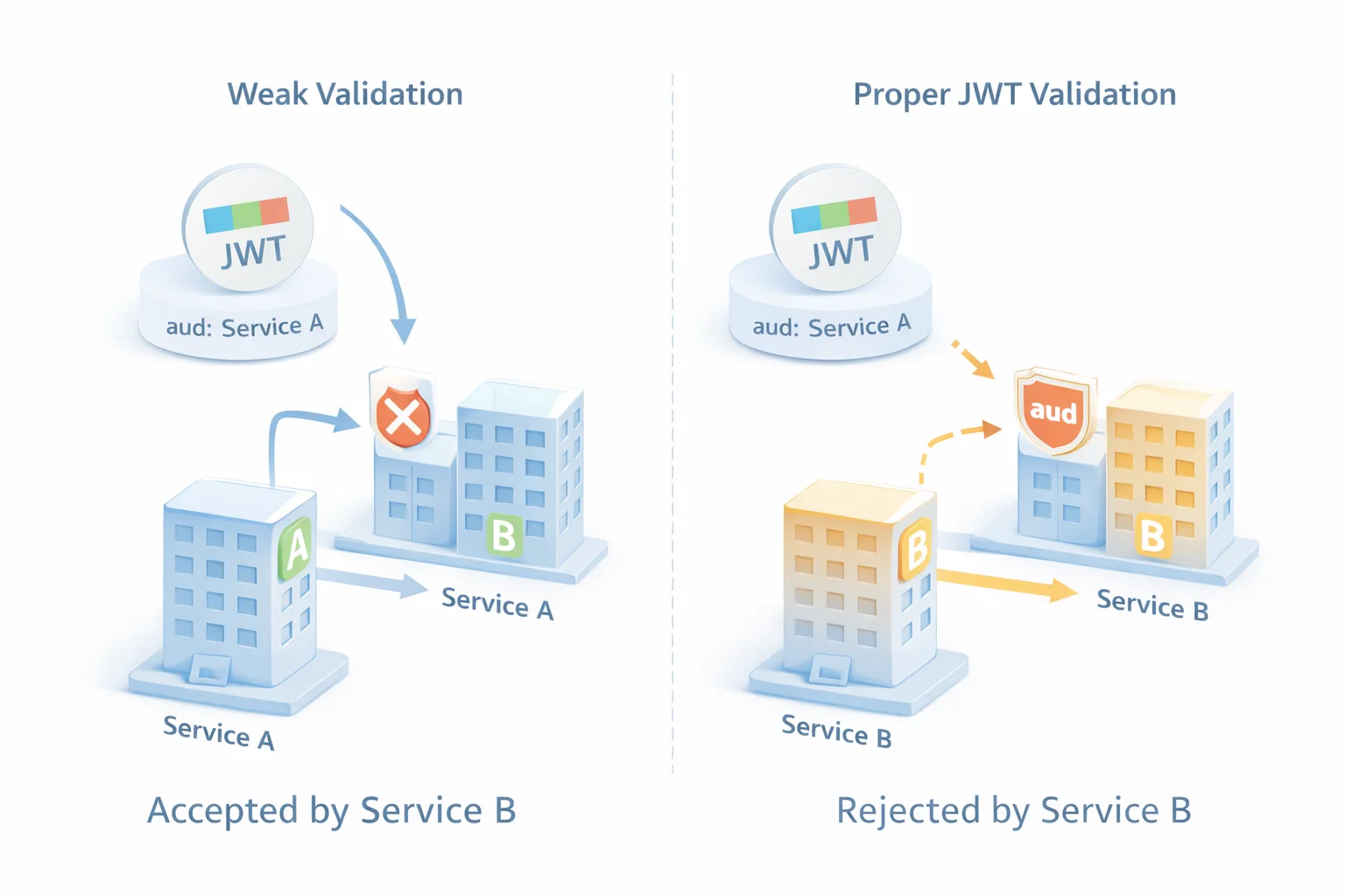 3D comparison showing weak JWT validation accepting a token with the wrong audience versus proper validation rejecting it