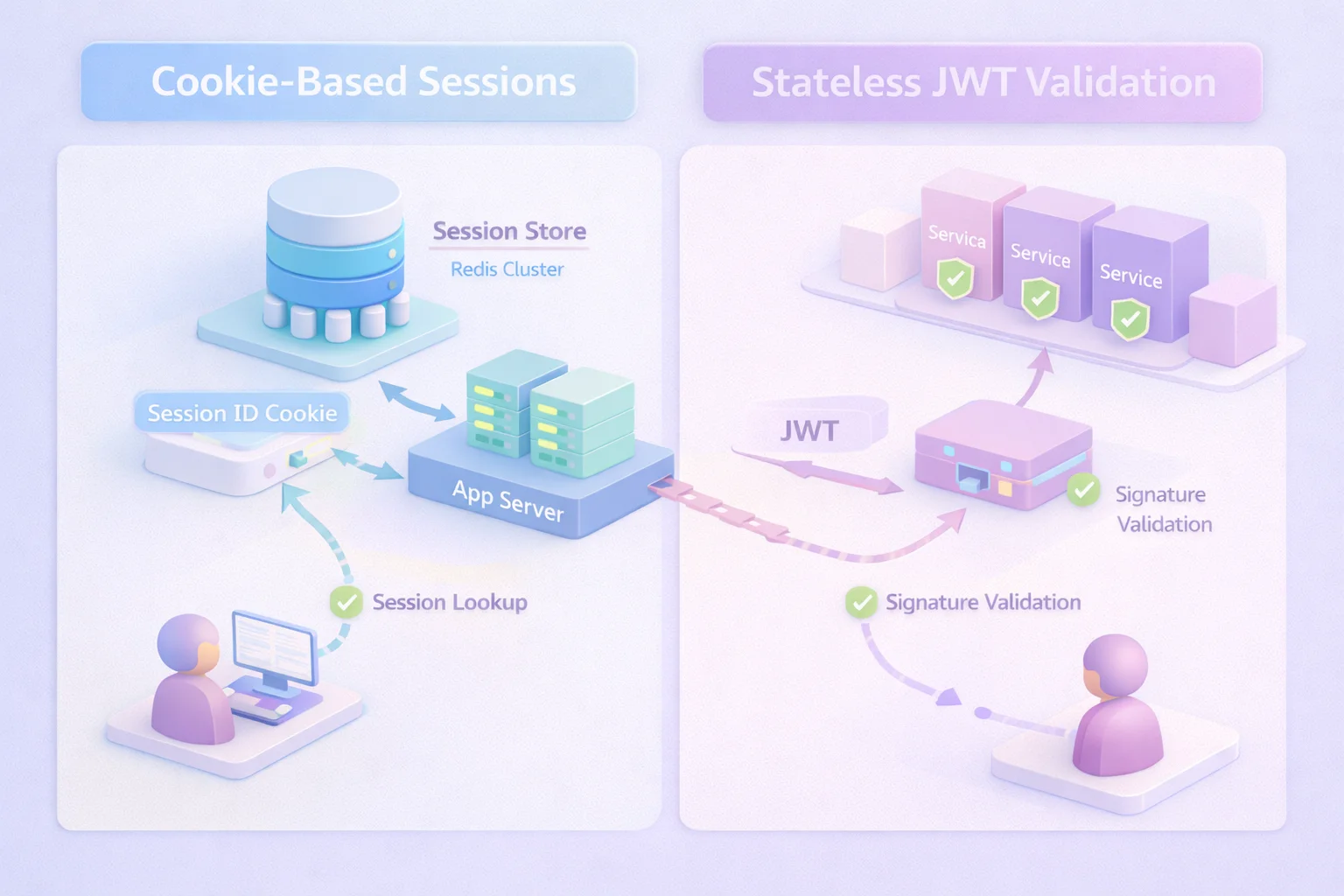 3D architecture comparison of cookie-based session lookup using a centralized session store versus stateless JWT signature validation across microservices