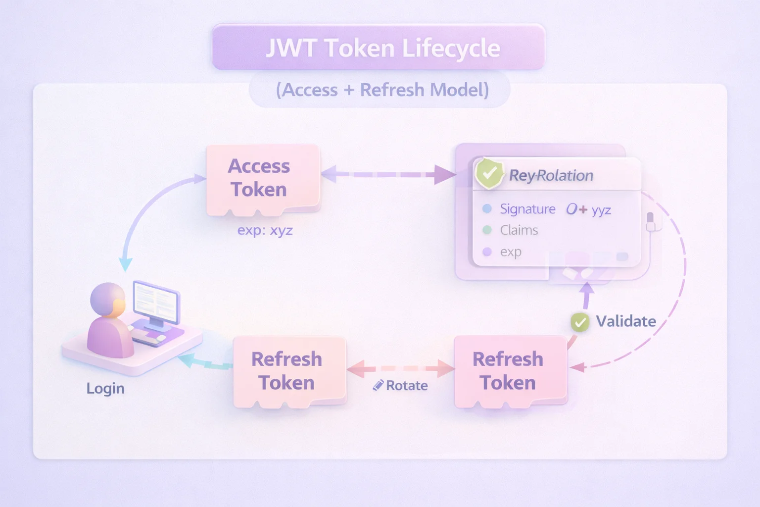 3D JWT token lifecycle flow illustrating login, access token validation, refresh token rotation, and signature verification in a secure authentication system