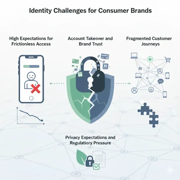 Infographic titled “Identity Challenges for Consumer Brands” showing security, access, and customer experience issues. Icons depict frictionless access failures, account takeover risks, fragmented journeys, and privacy/regulatory pressure