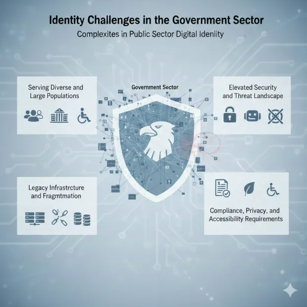 Government sector digital identity challenges illustrated with a central security shield connected to networks. Highlights issues of scale, legacy systems, security threats, and compliance, privacy, and accessibility needs.