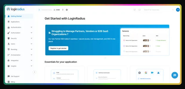LoginRadius admin dashboard showing the “Get Started with LoginRadius” page with a left navigation menu for IAM features. Displays partner IAM onboarding, SSO management, and essential application setup tools in a modern web interface.