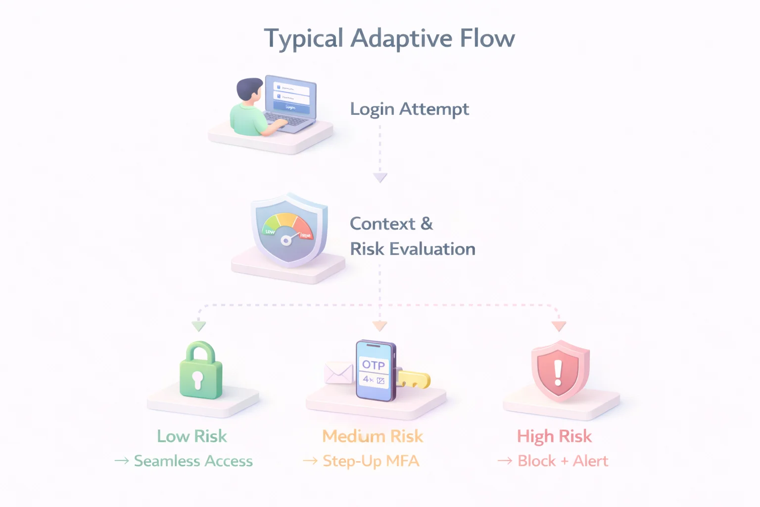 3D diagram showing a login attempt evaluated through contextual risk analysis leading to low-risk seamless access, medium-risk step-up MFA, or high-risk block and alert outcomes