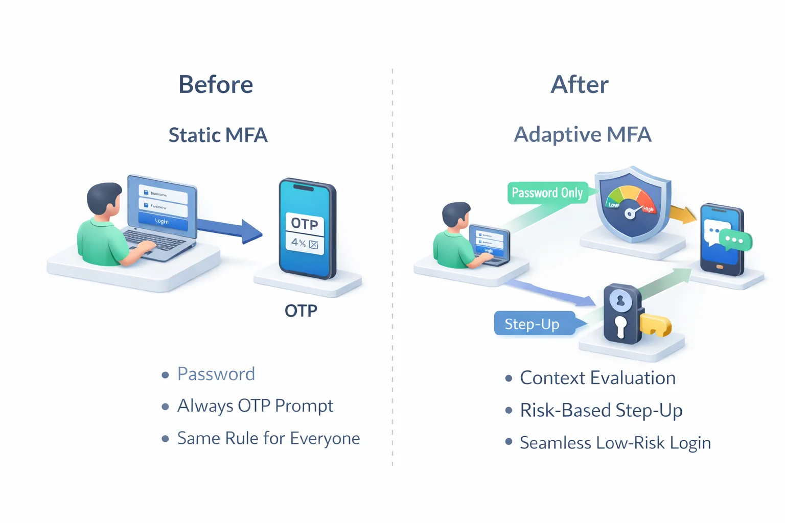 Side-by-side 3D comparison of static MFA with fixed OTP prompts versus adaptive MFA with risk-based step-up authentication