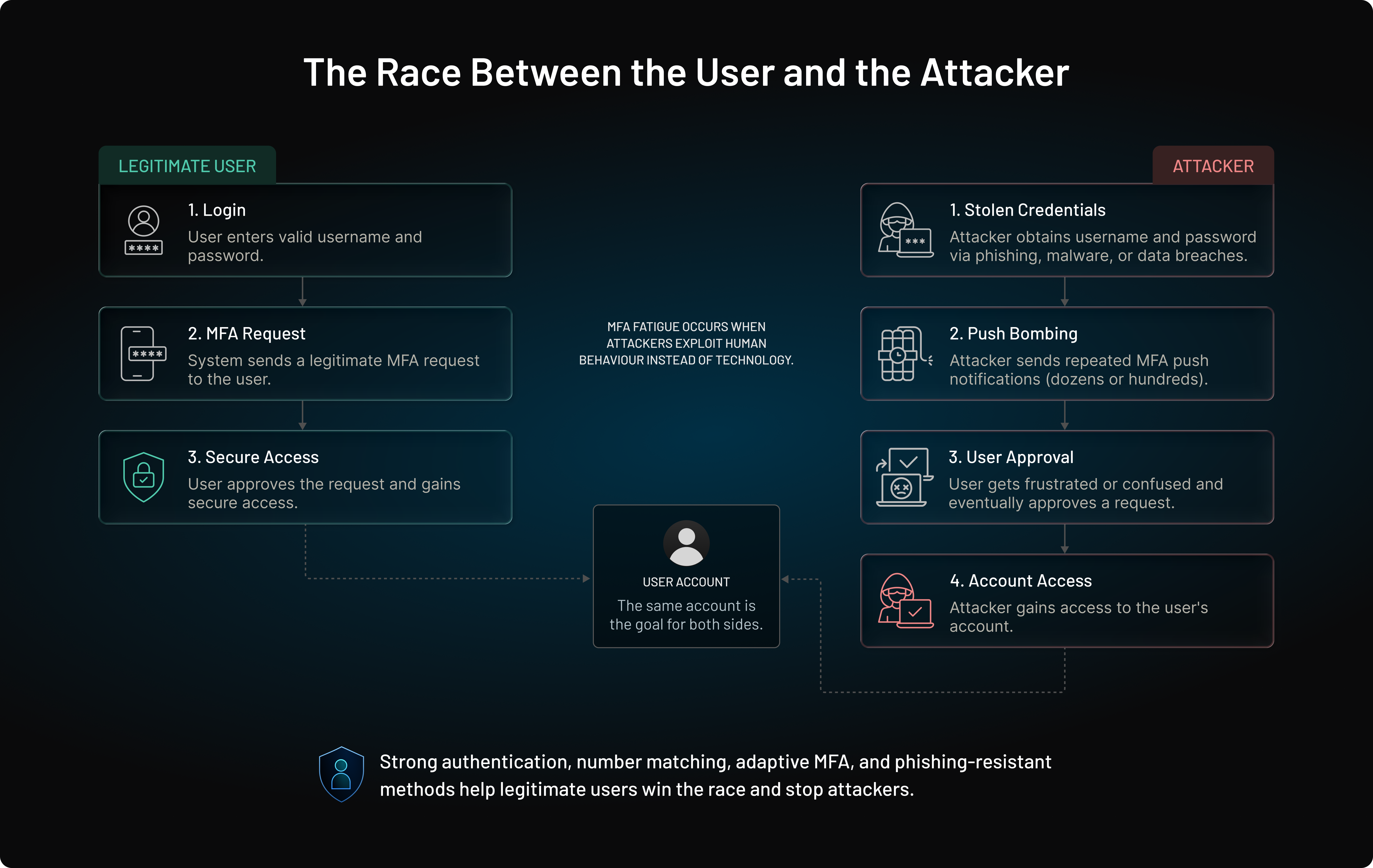 Split-lane diagram comparing a legitimate login flow with an MFA fatigue attack that results in unauthorized account access