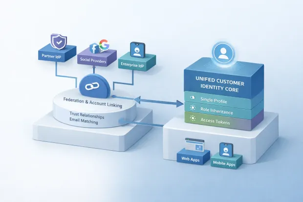 3D CIAM authorization service architecture showing web, mobile, and partner apps connected through single sign-on, role-based authorization, federation, and account linking to a unified customer profile.