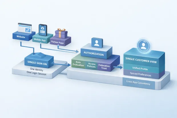 3D diagram showing federation and account linking, where partner, social, and enterprise identity providers connect to a unified customer identity core for single profile access across applications.