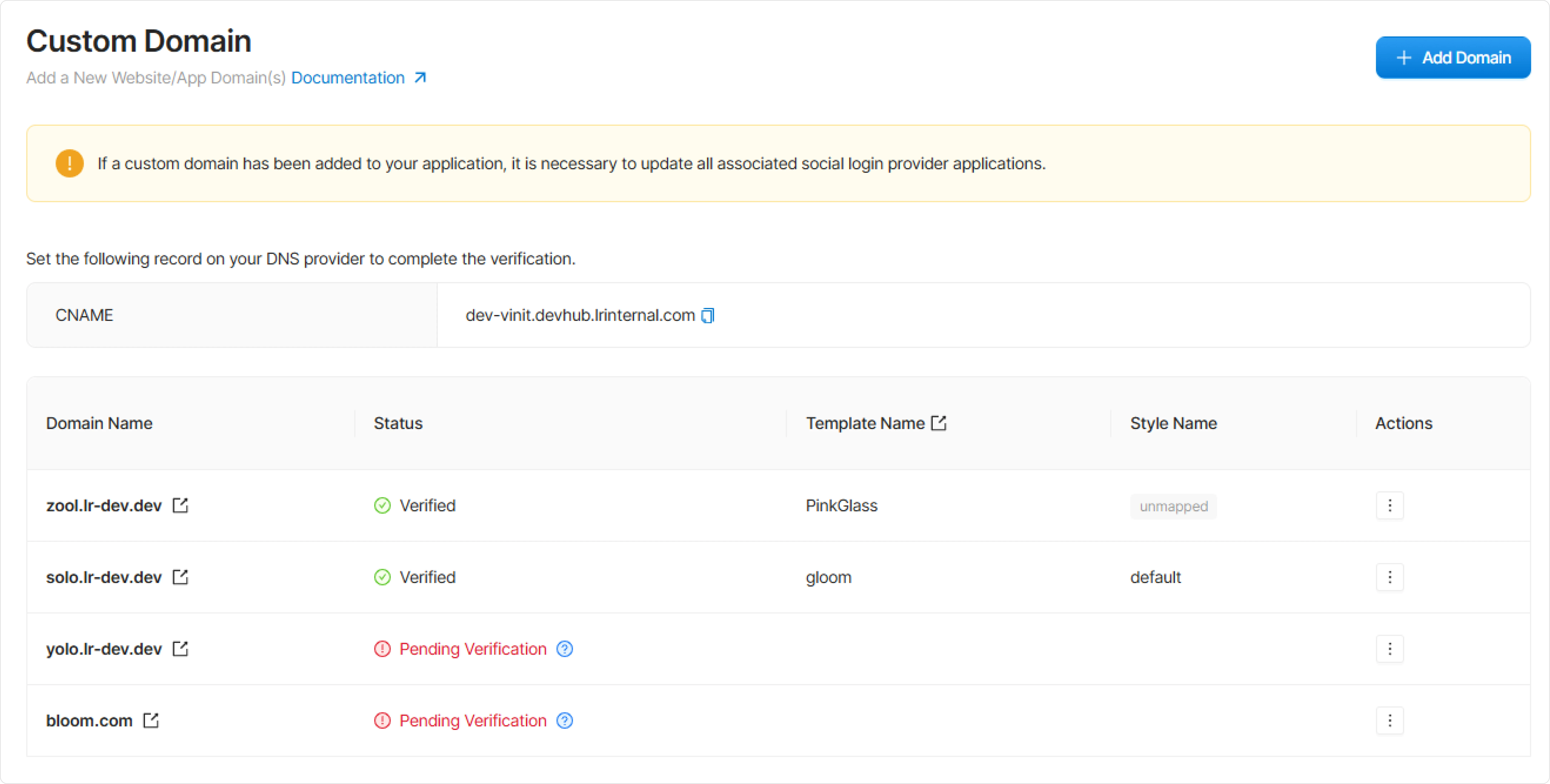 Custom Domain Dashboard