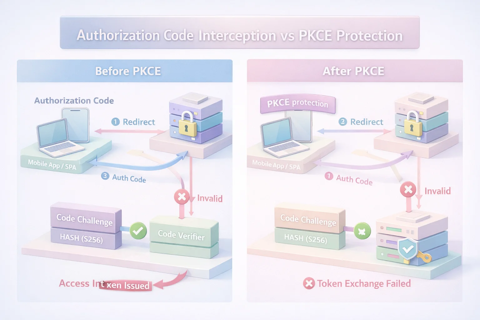 Side-by-side 3D comparison showing authorization code interception without PKCE versus failed token exchange with PKCE protection enabled