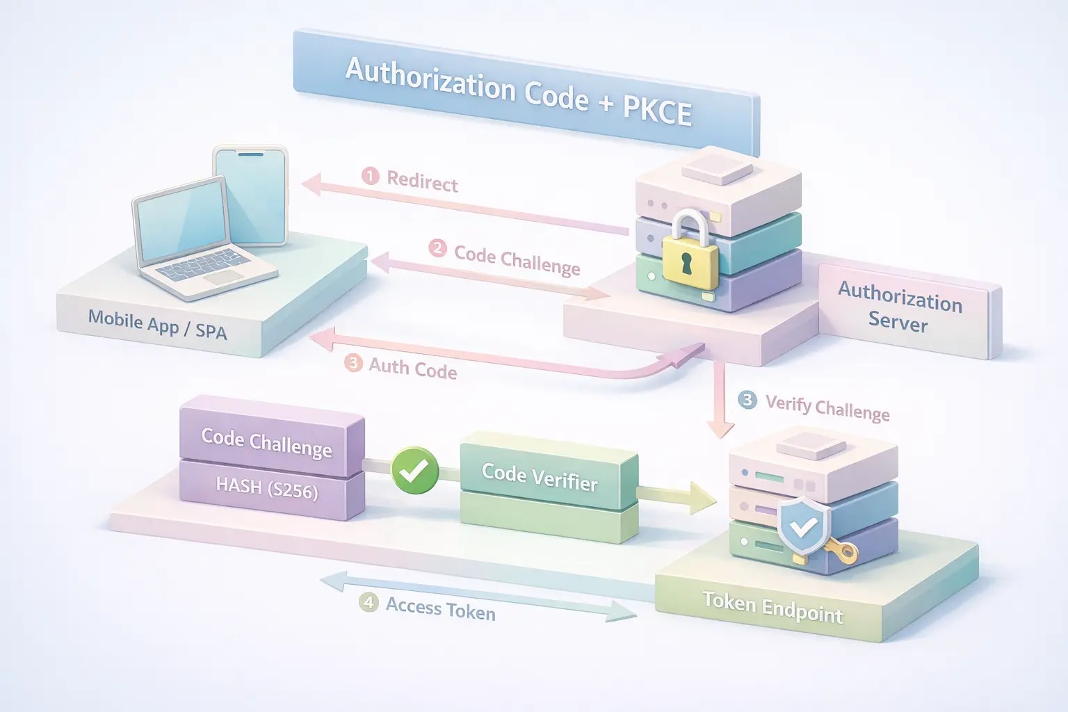 3D diagram of the OAuth PKCE flow showing redirect, code challenge, verifier validation, and access token exchange between client and authorization server