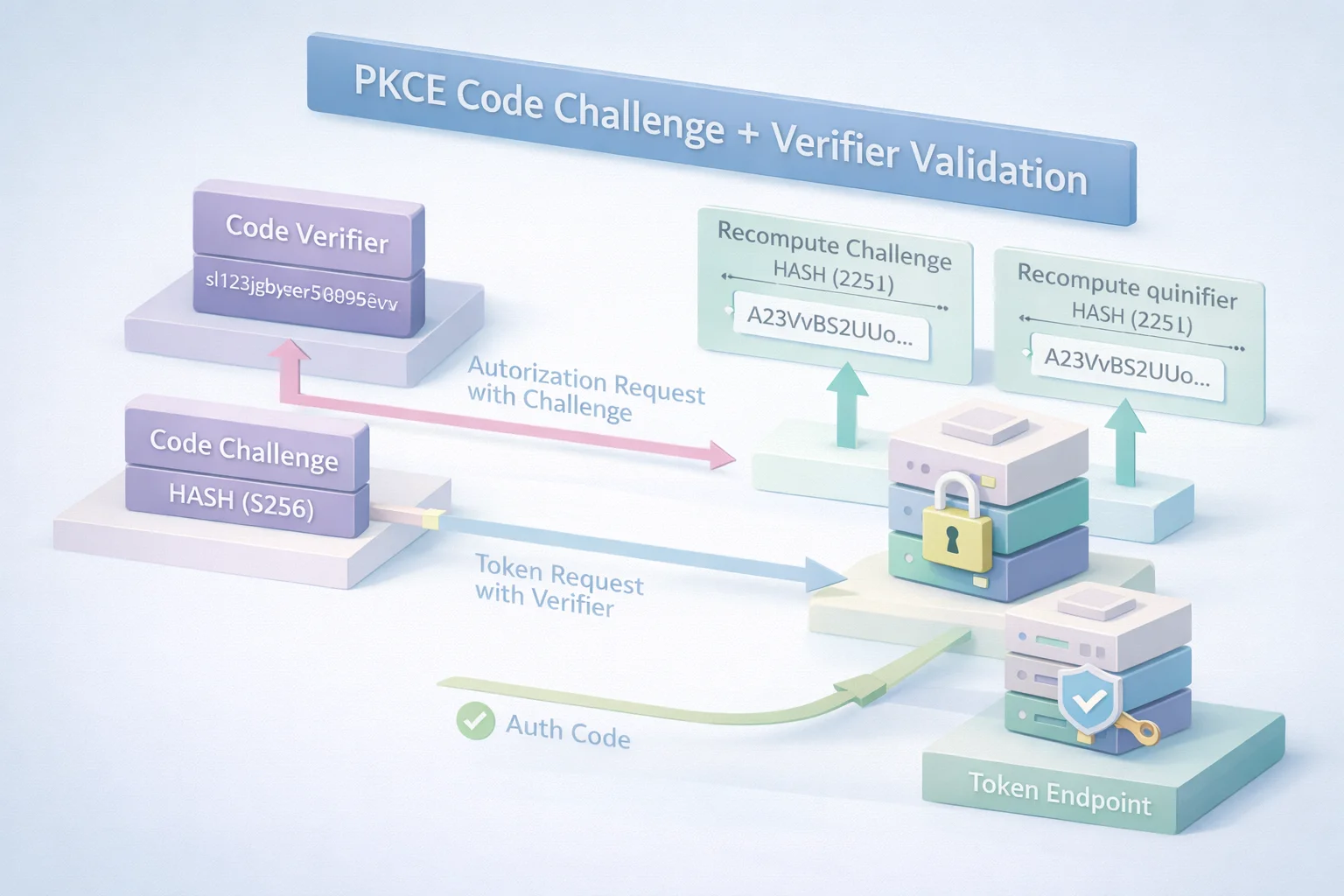 Technical 3D visualization of PKCE code challenge and verifier validation using S256 hash during OAuth token exchange