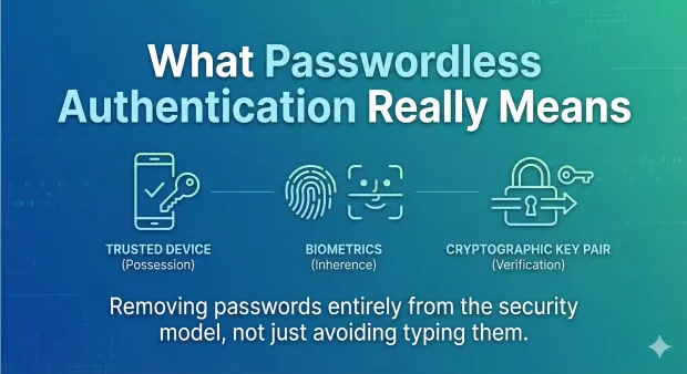 Passwordless authentication explained using trusted devices, biometrics, and cryptographic key pairs. Visual highlights how removing passwords entirely strengthens modern security
