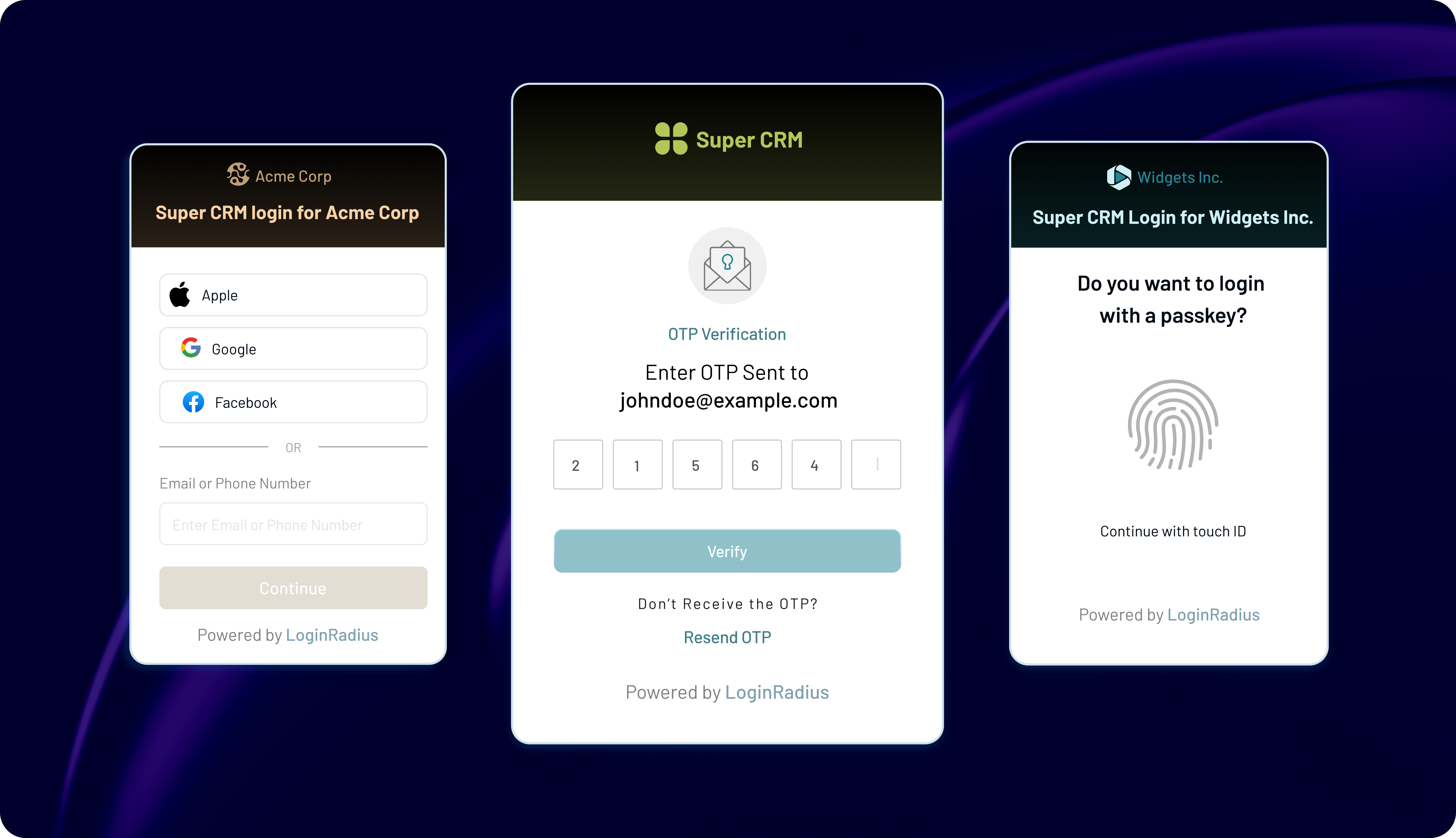 Example login UI screens including social login, OTP verification, and passkey authentication for a seamless passwordless user experience