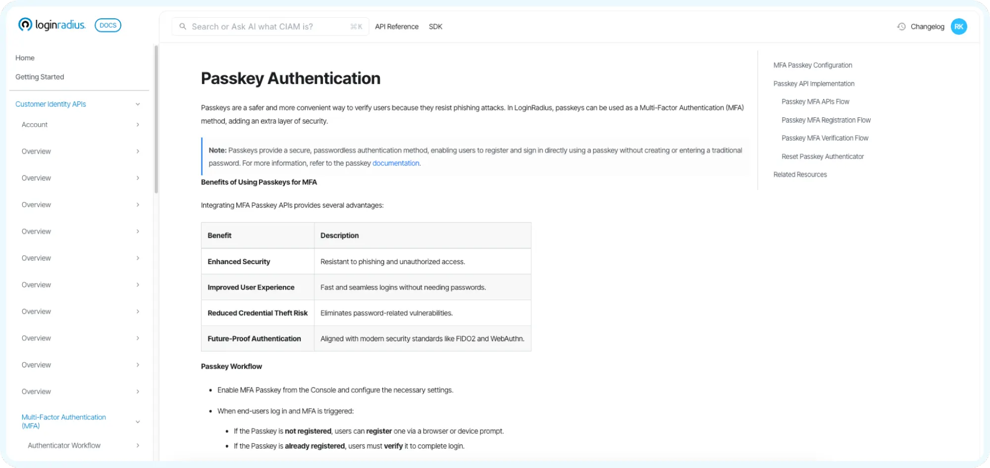 LoginRadius passkey authentication documentation dashboard showing MFA passkey setup, security benefits, and implementation workflow for passwordless login