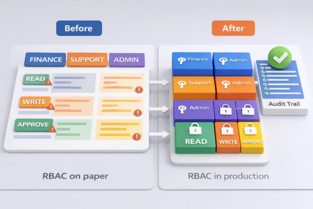 Illustrations showing RBAC mechanism on paper and in production