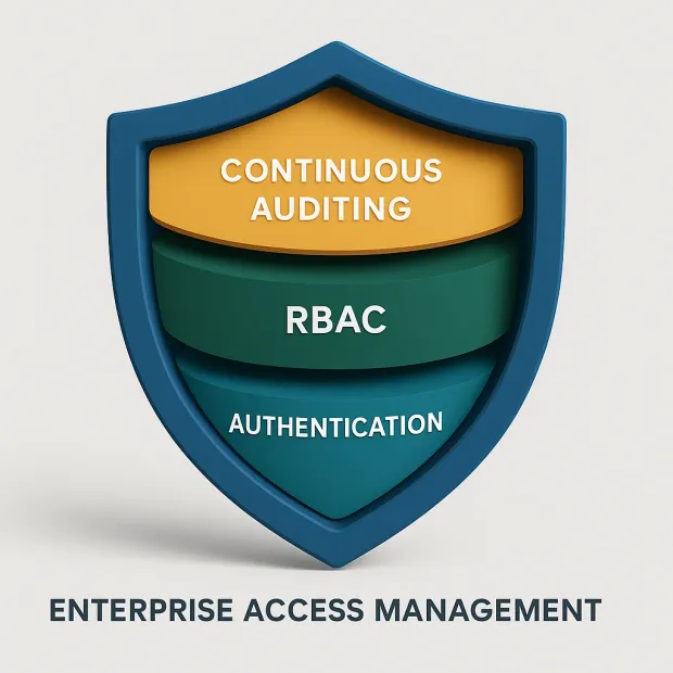 A shield graphic divided into three layers labeled “Authentication,” “RBAC,” and “Continuous Auditing.”  Text below the shield reads “Enterprise Access Management.”
