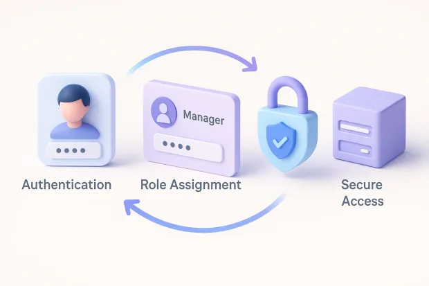 A 3-step visual showing Authentication, Role Assignment, and Secure Access with icons of a user profile, a role card, a padlock, and a server. Curved arrows connect the steps, illustrating the access-control workflow.