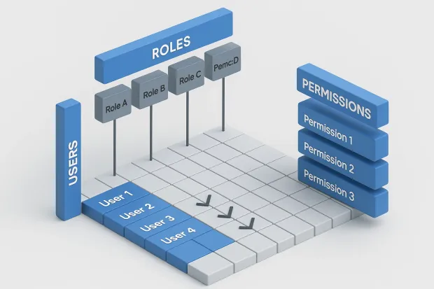 A 3D grid illustrating RBAC, with Users on the left, Roles at the top, and Permissions on the right.  Highlighted cells and arrows show how users inherit permissions through assigned roles.