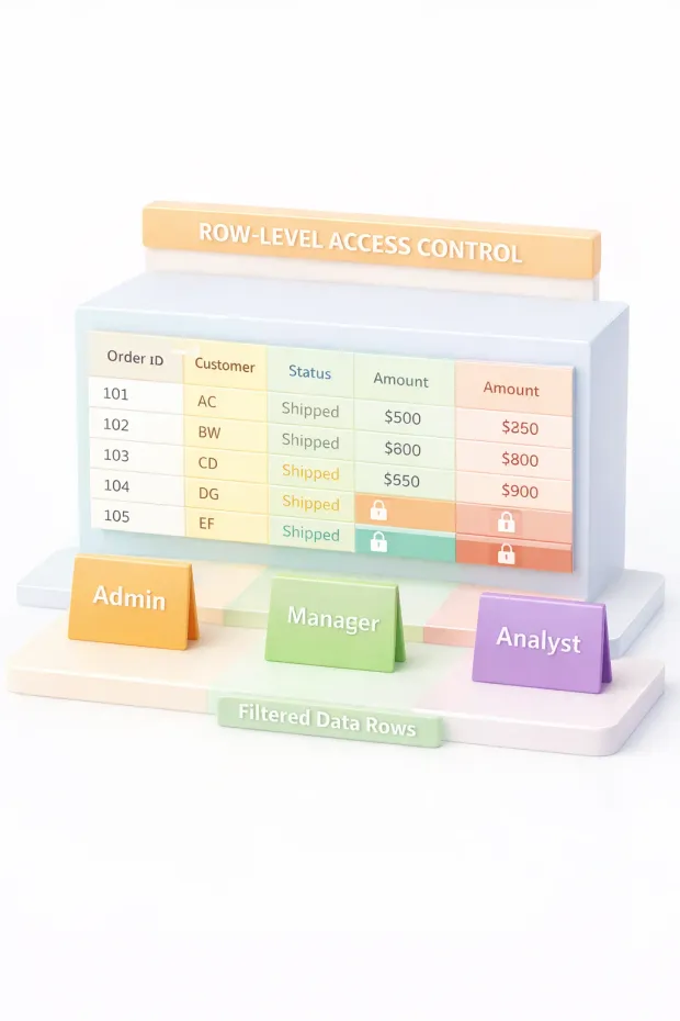 Illustrations representing row level access control for admin, manager, and analyst