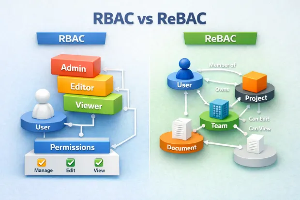 Illustration showing RBAC vs ReBAC comparison and explanation