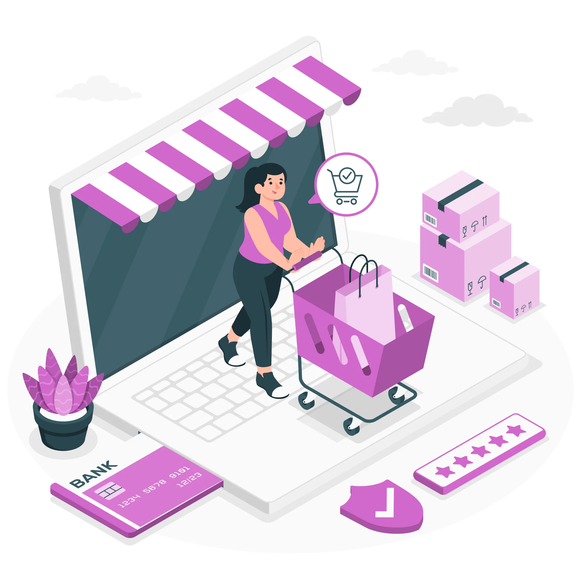 Illustration depicting an online shopping cart with a girl with strict security and authentication.