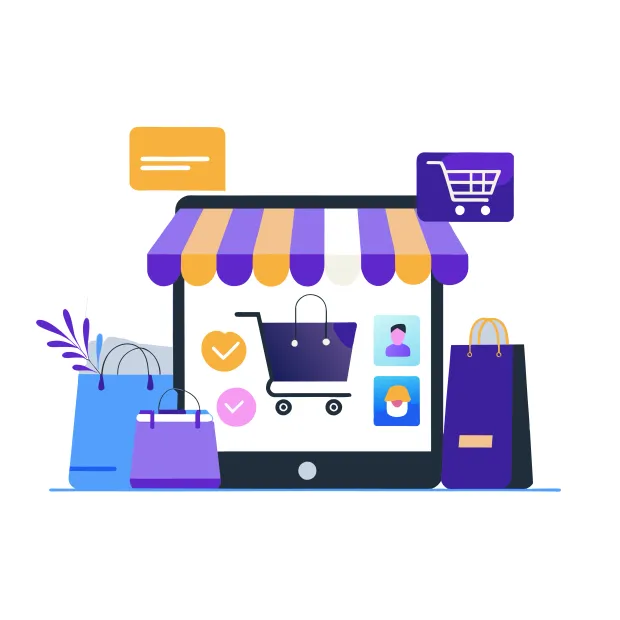 Illustration of a shop, shopping cart, and shopping bags representing the retail industry