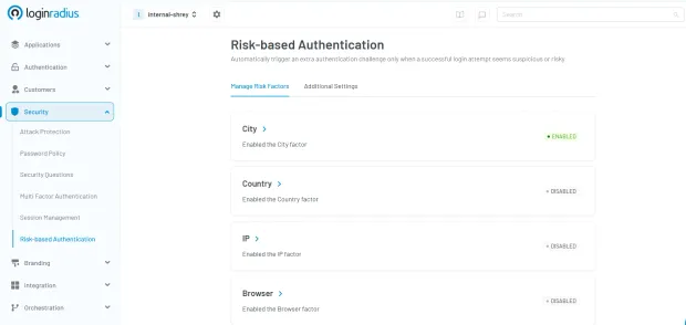 Illustration showing LoginRadius console with Risk-based authentication settings, including factors like city, country, IP, browser.