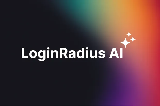 LoginRadius ai branding text displayed over a vibrant gradient background with sparkle icons represents the ai-powered capabilities of the LoginRadius platform for seamless identity experiences.