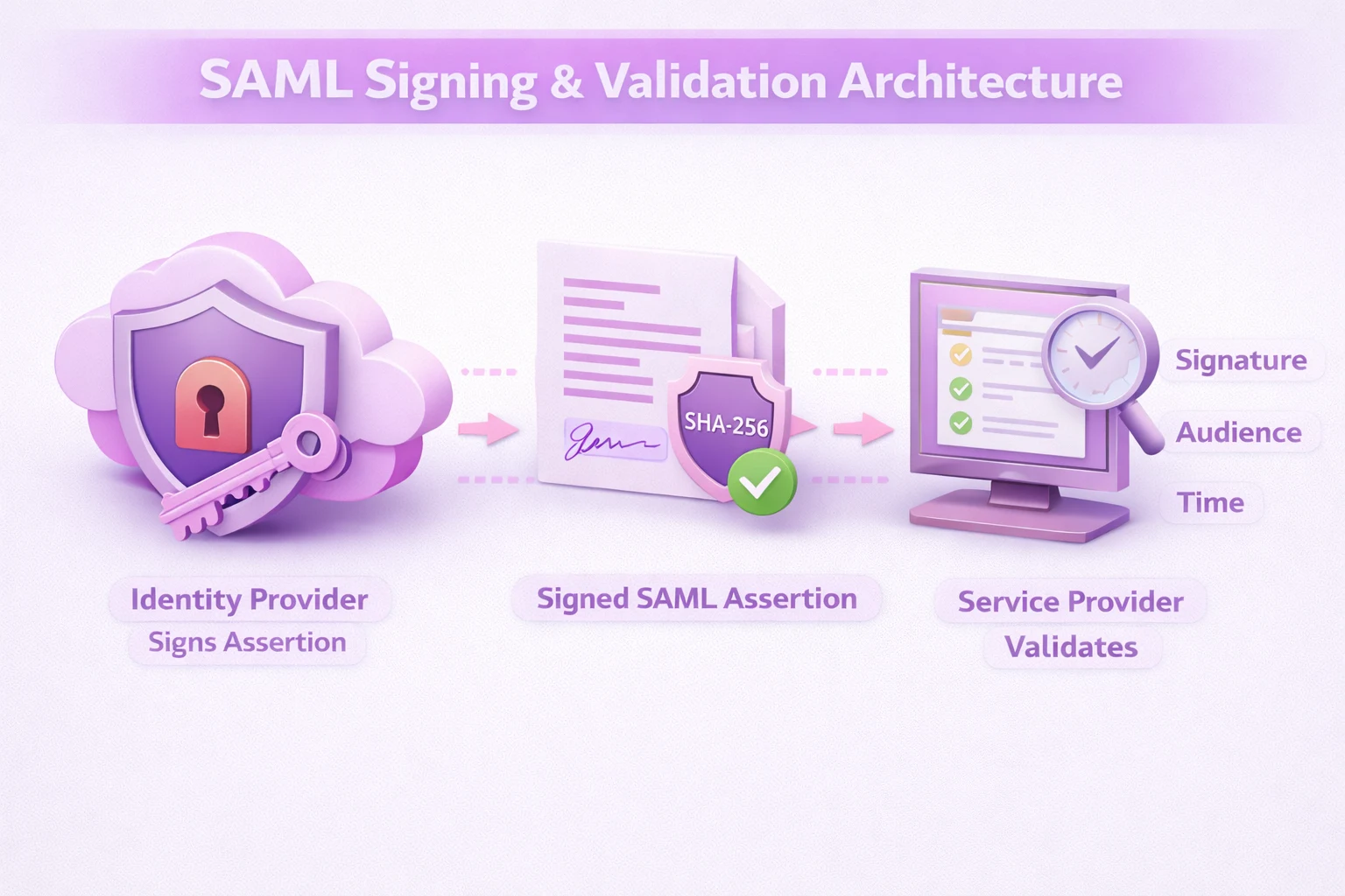 3D diagram of SAML signing and validation architecture showing IdP signing an assertion and SP validating signature, audience, and time