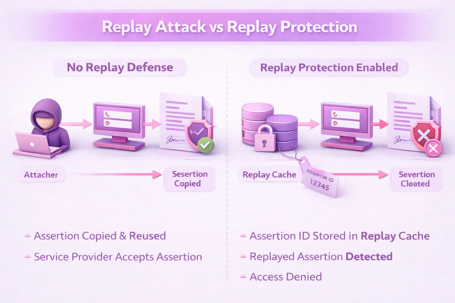 3D comparison showing SAML replay attack versus replay protection with assertion reuse blocked by replay cache detection