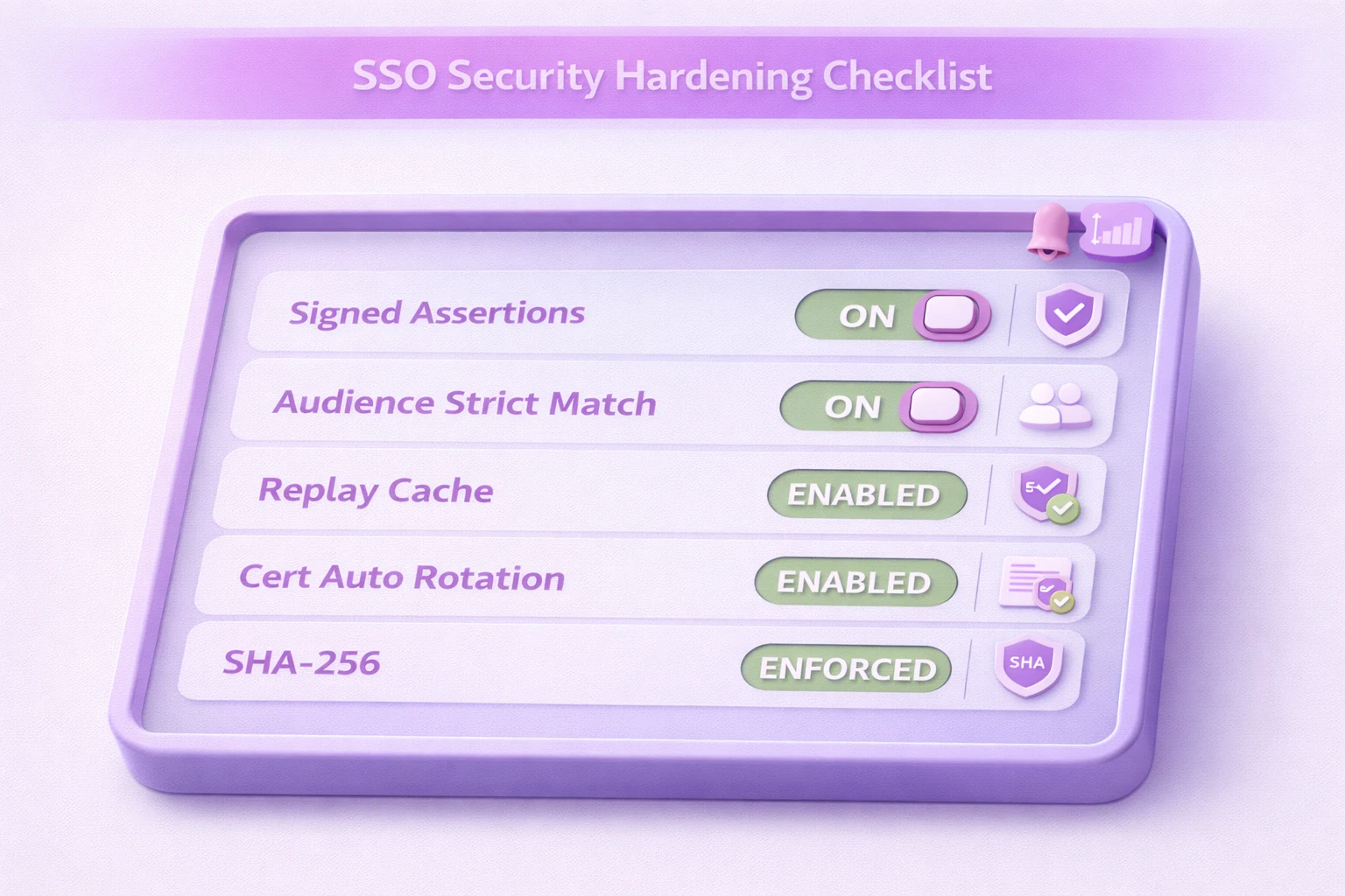 3D control panel showing SSO security hardening settings, including signed assertions, strict audience match, replay cache, auto rotation, and SHA-256 enforcement